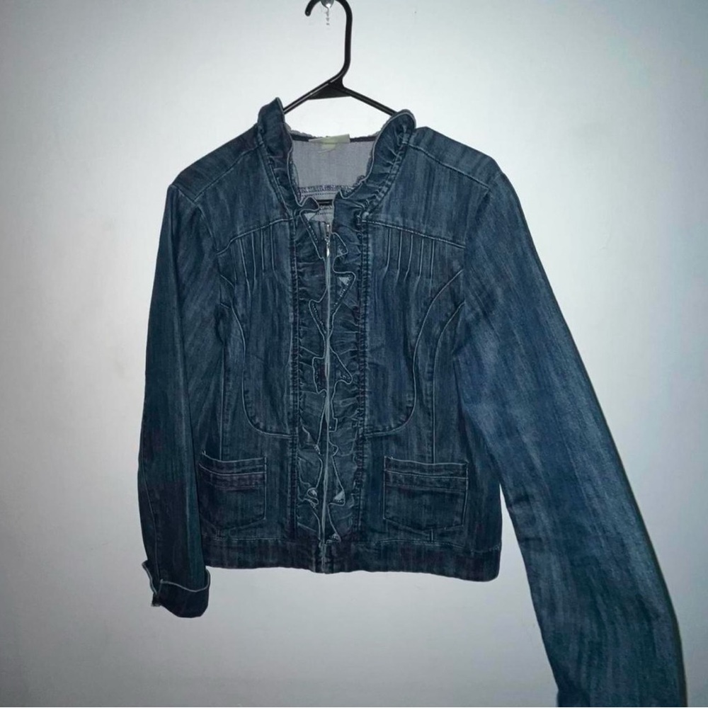 BLUE DENIM JEAN JACKET WITH RUFFLE DETAILS